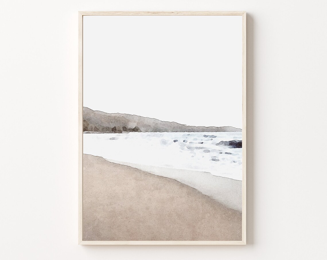 Calm Beach Seascape Beige Watercolor Minimalist Coastal Wall Art - Image 3