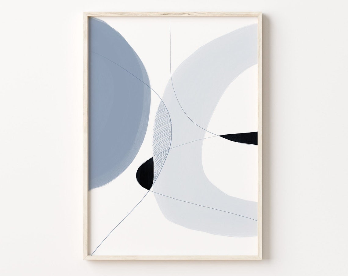 Painterly Blue Gray Abstract Circles Fine Line Modern Art Poster