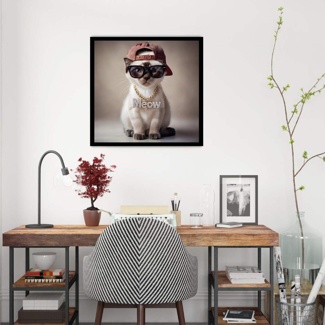 Funny Hip Hop Kitten Backwards Cap Sunglasses Meow Pendant Poster