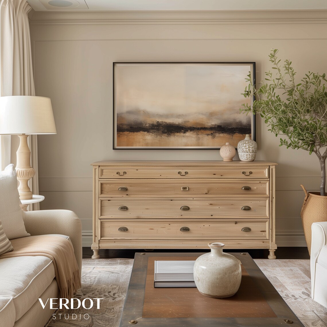 Modern Abstract Landscape Painting, Neutral Gold Decor - Image 4