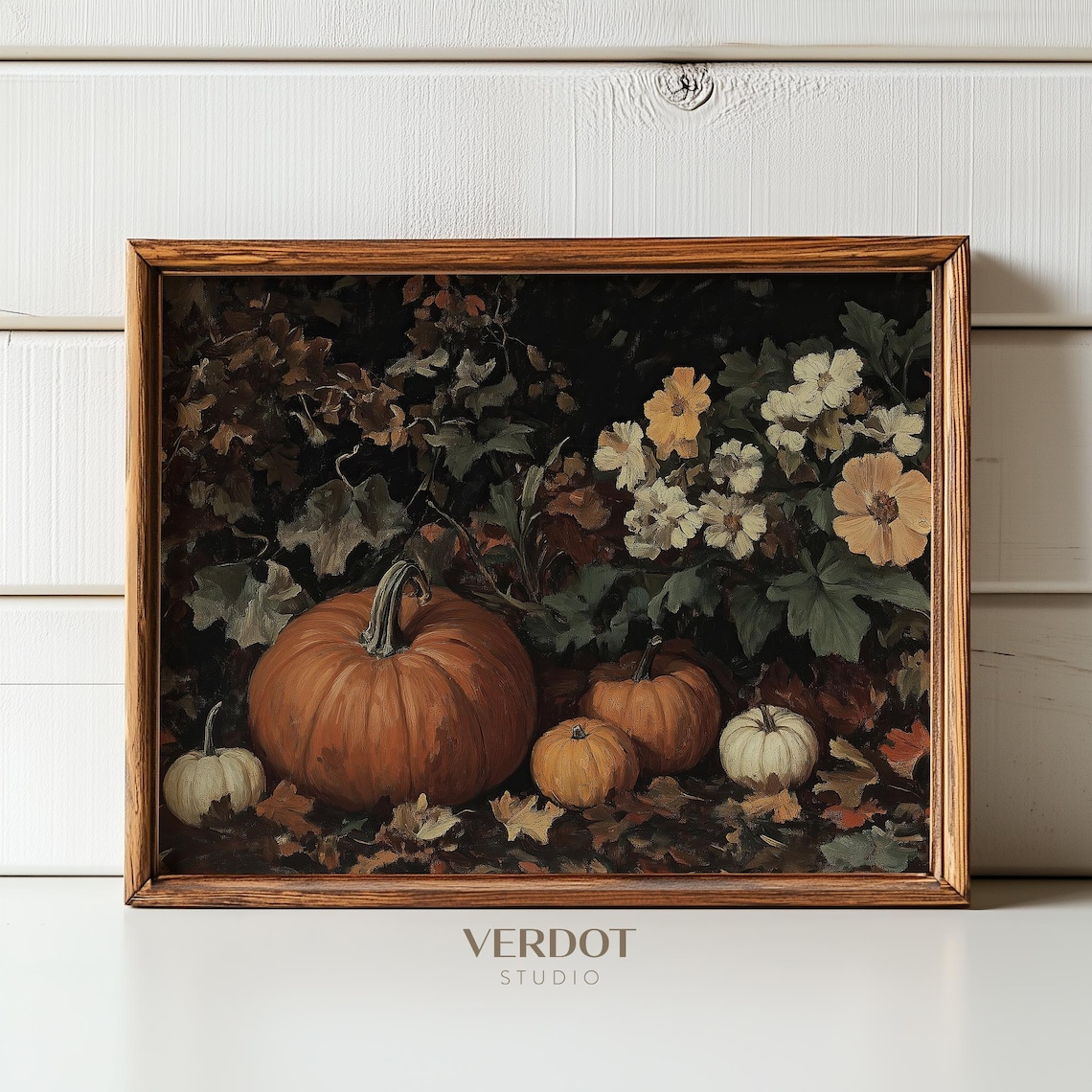 Vintage Pumpkin Flower Art Print, Dark Autumn Botanical