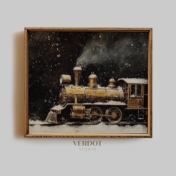 Gold Christmas Train Print Christmas Decor Wall Art Neutral Vintage Train Moody Holiday Poster 24261