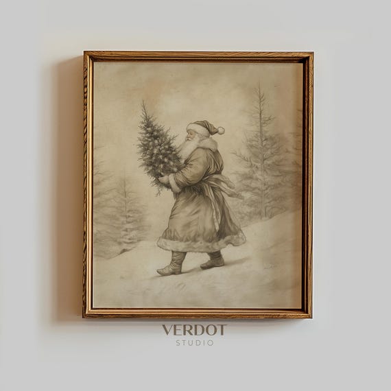 Vintage Christmas Santa Print, Neutral Holiday Decor
