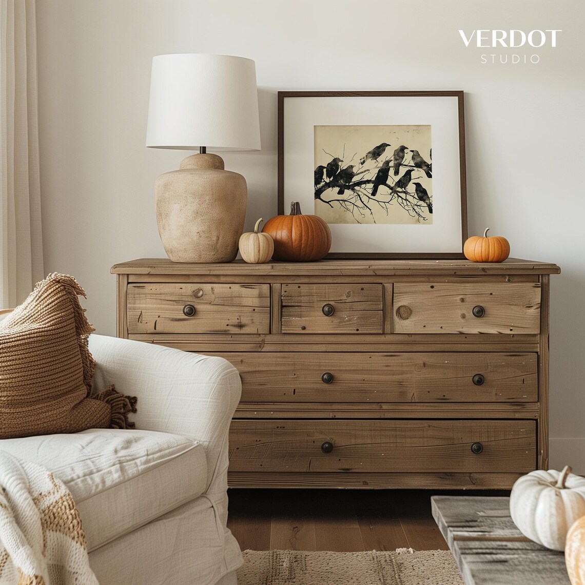 Black Crows Perched On Bare Branch Neutral Vintage Halloween Bird Art Poster - Image 4