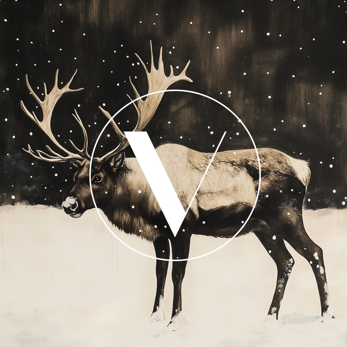 Majestic Reindeer In Snowy Night Forest Vintage Winter Painting Poster - Image 3