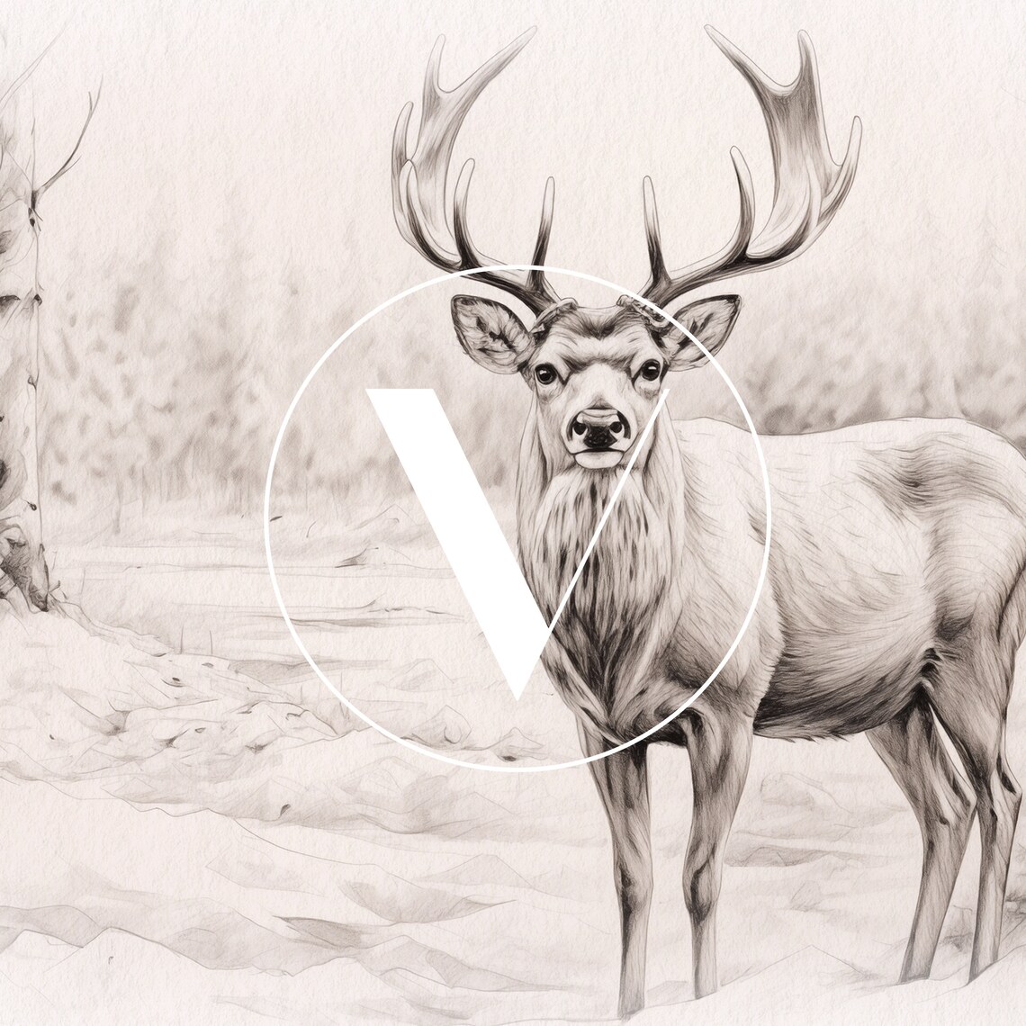 Winter Deer In Snow Christmas Pencil Sketch Art Print - Image 3