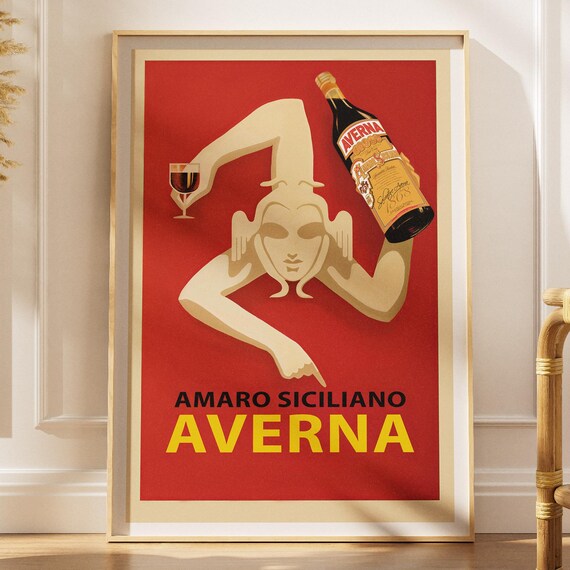 Averna Amaro Siciliano Red Vintage Italian Liqueur Ad Poster