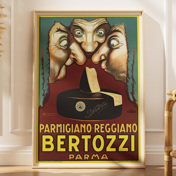 Bertozzi Parmigiano Reggiano Vintage Cheese Poster Noses Smell Parma Ad