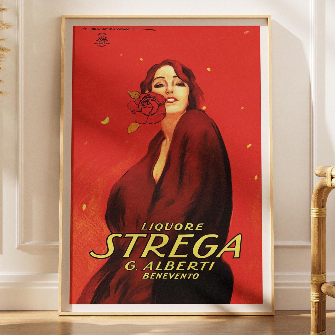 Strega Liquore Vintage Italian Ad Red Rose Woman Benevento Dudovich Poster