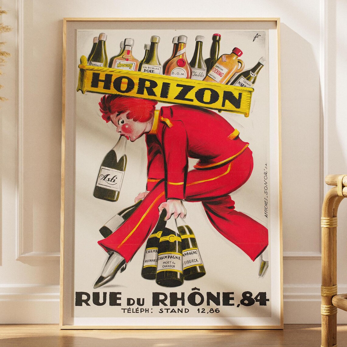 Horizon Vintage French Liquor Poster Bellhop Champagne Tray Bar Cart Ad