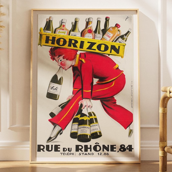 Horizon Vintage French Liquor Poster Bellhop Champagne Tray Bar Cart Ad