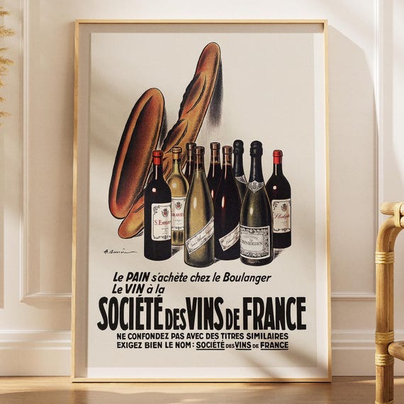 Vintage French Wine Poster Baguette Kitchen Wall Art Cellar Decor Boulangerie Advertisement