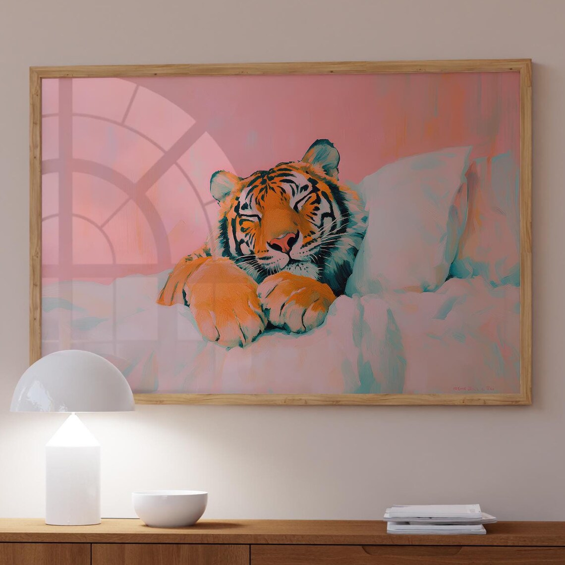 Tiger In Bed Poster Pink Preppy Maximalist Wall Art