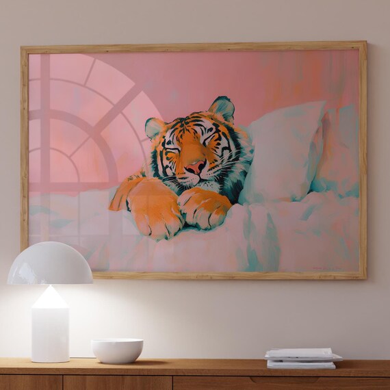 Tiger In Bed Poster Pink Preppy Maximalist Wall Art