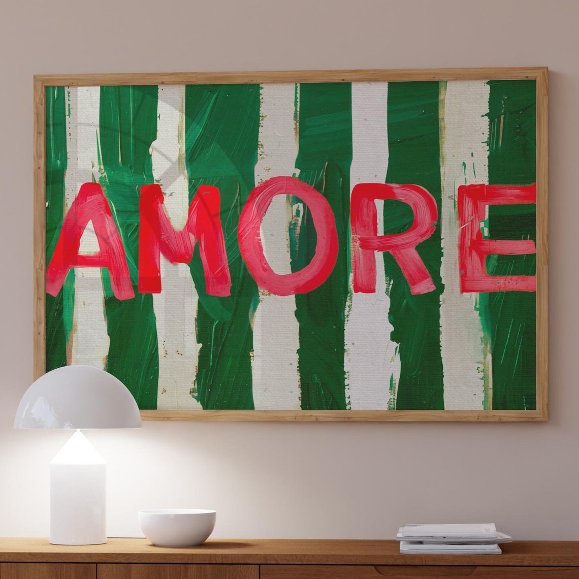 Amore Red Painted Typography Green Striped Eclectic Art Print