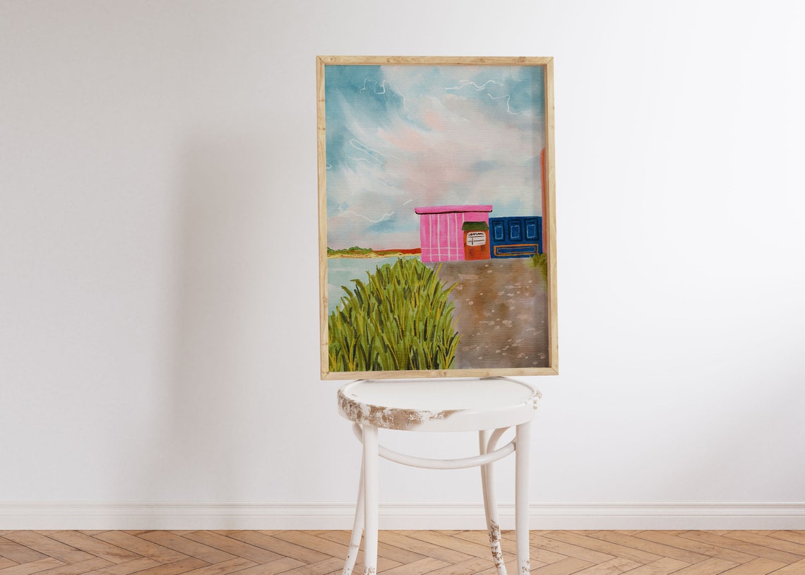 Whimsical Colorful Beach Huts Shore Watercolor Summer Art Print
