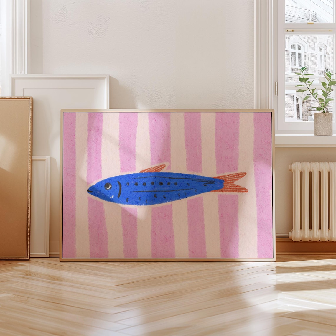 Blue Fish on Pink Stripes Playful Modern Kids Nursery Art Poster