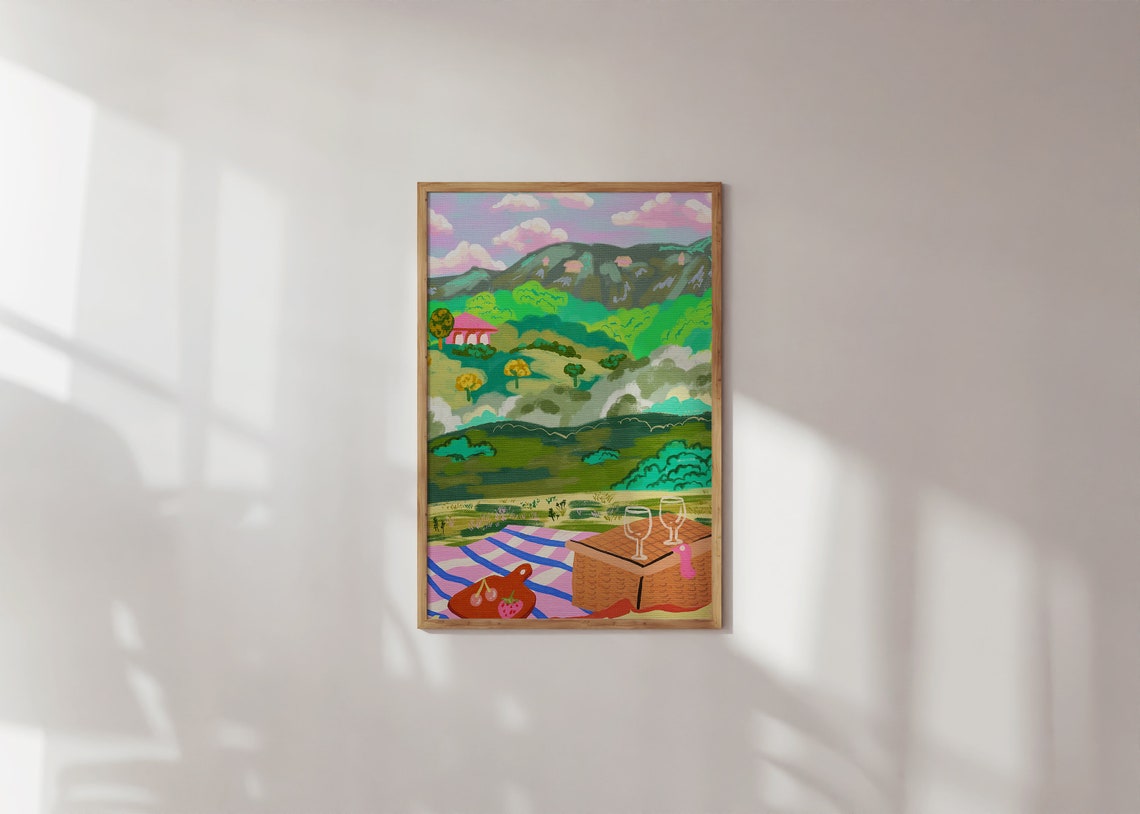 Mountain View Picnic Painting Colorful Summer Wall Art