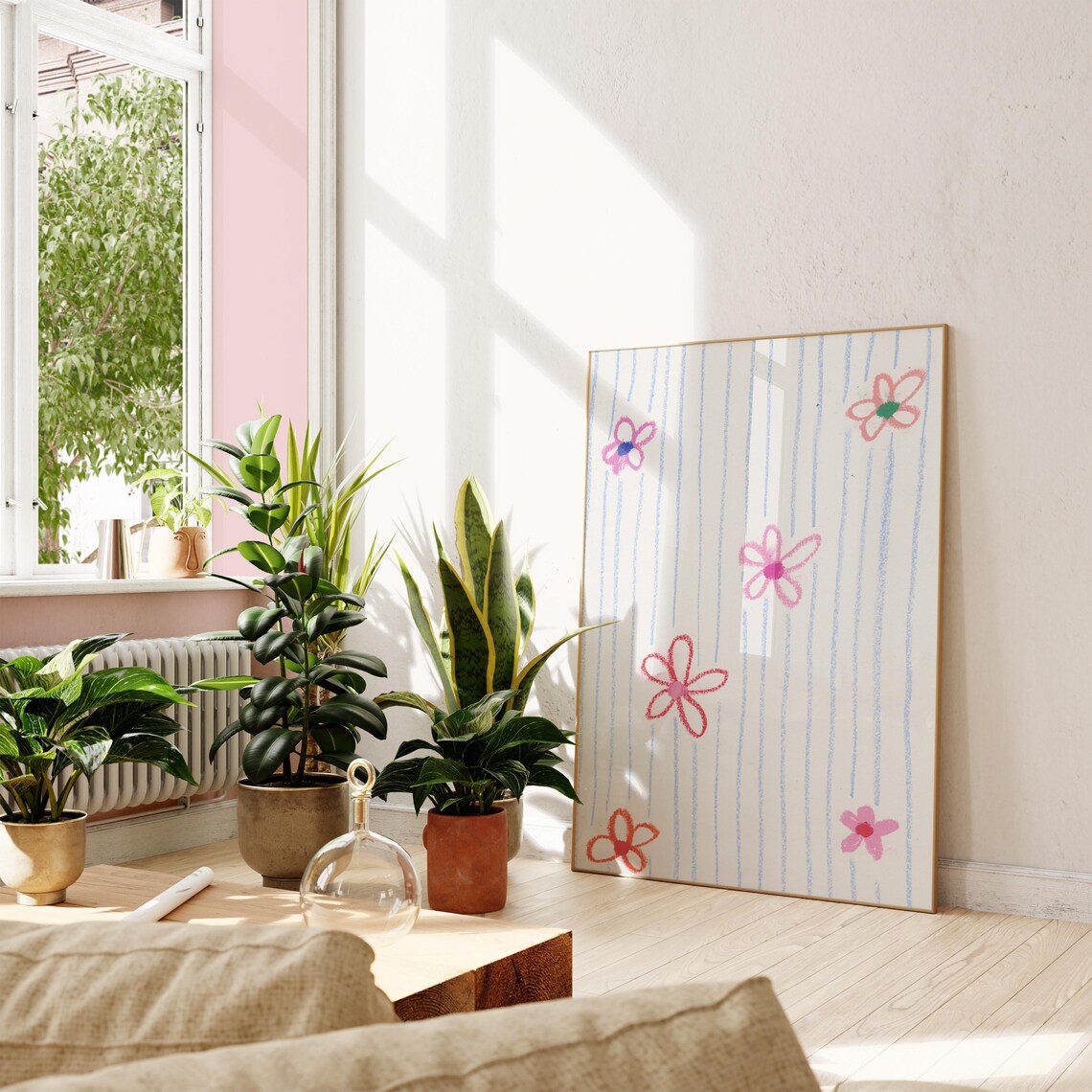 Colorful Daisy Floral Oil Pastel Striped Playful Kids Art Poster