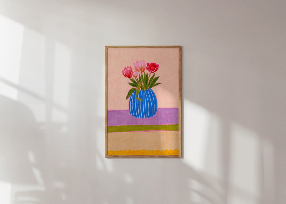 Colorful Tulips in Blue Striped Vase Layered Pastel Stripes Art Poster