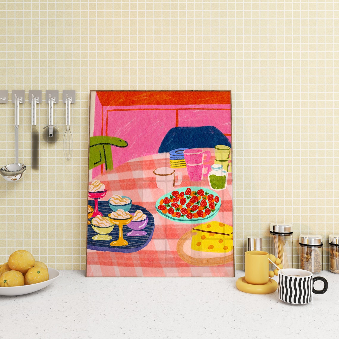 Tablescape Art Print, Colorful Kitchen Dessert Poster