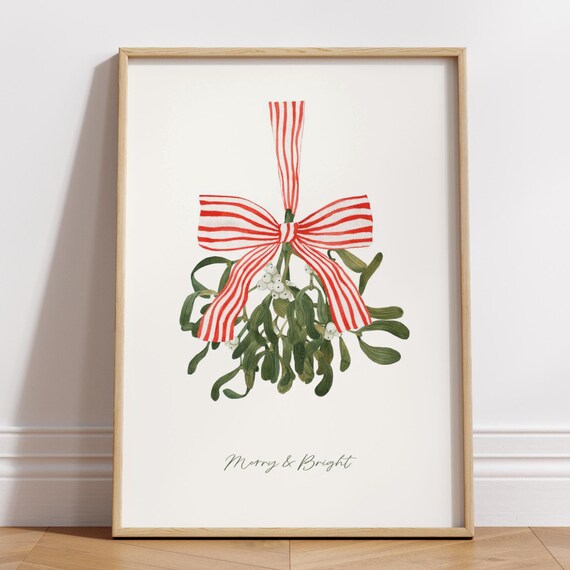 Mistletoe Christmas Print Merry Christmas Coquette Trendy Winter Poster Minimalist Red Bow Christmas Tree Wall Art Cute Cozy Print