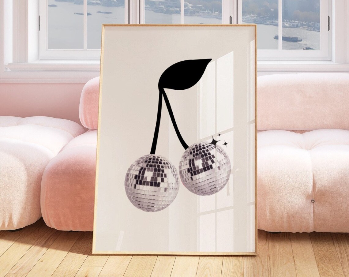 Disco Ball Cherries Poster Retro Party Funky Sparkle Trendy Decor - Image 2