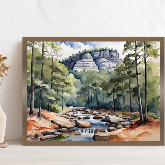 Rocky Forest Stream Waterfall Mountain Watercolor Landscape Poster