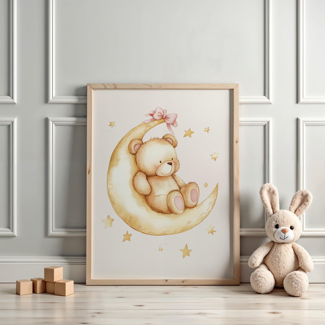 Teddy Bear Sleeping On Crescent Moon Pink Bow Nursery Wall Poster - Image 3