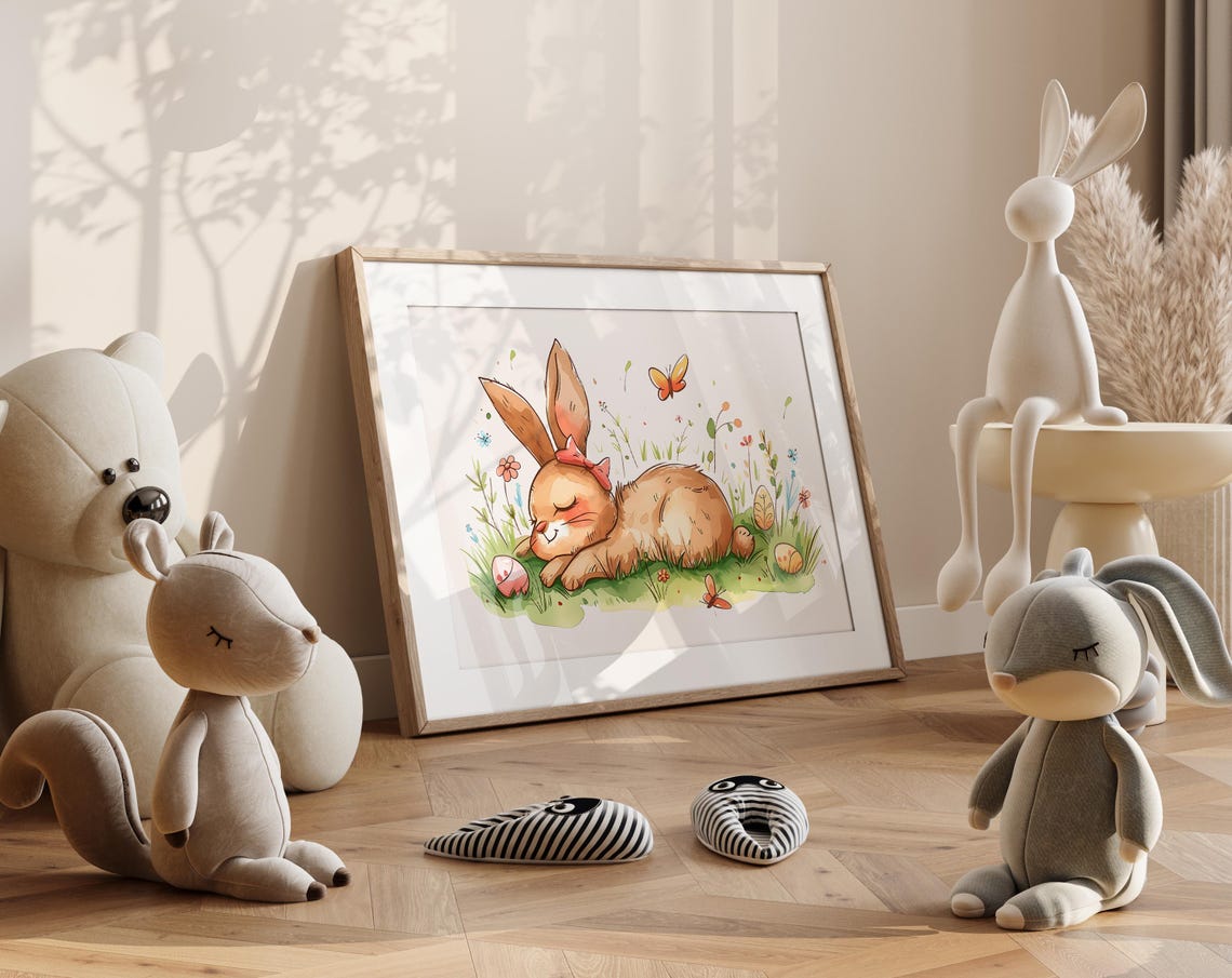 Sleeping Bunny Nursery Wall Art Easter Rabbit With Butterflies And Flowers Whimsical Spring Kids Room Decor - Image 4