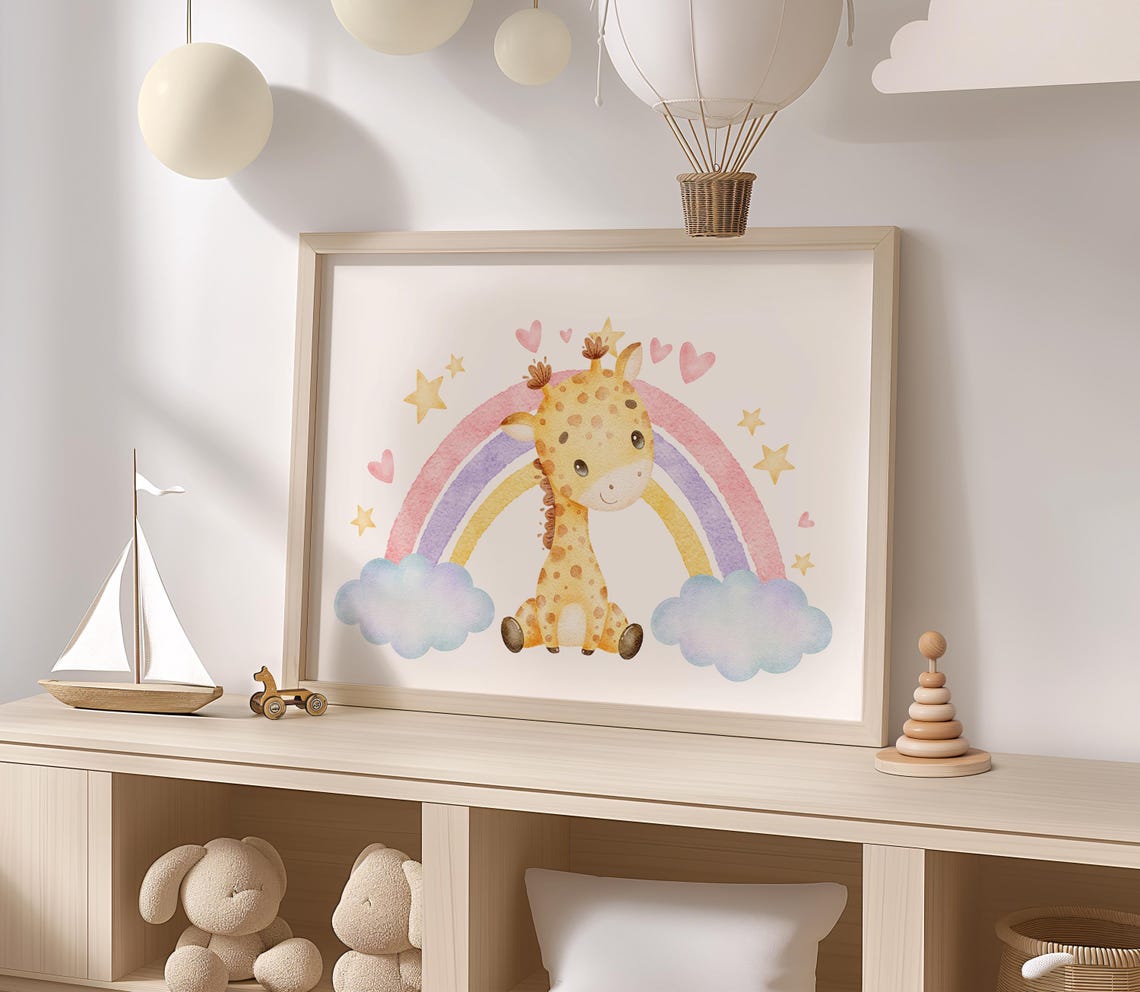 Baby Giraffe Beneath a Pastel Rainbow Watercolor Nursery Poster - Image 2