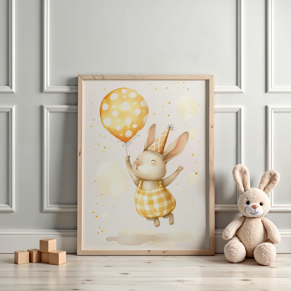 Party Bunny Yellow Gingham Balloon Birthday Watercolor Kids Poster - Image 3