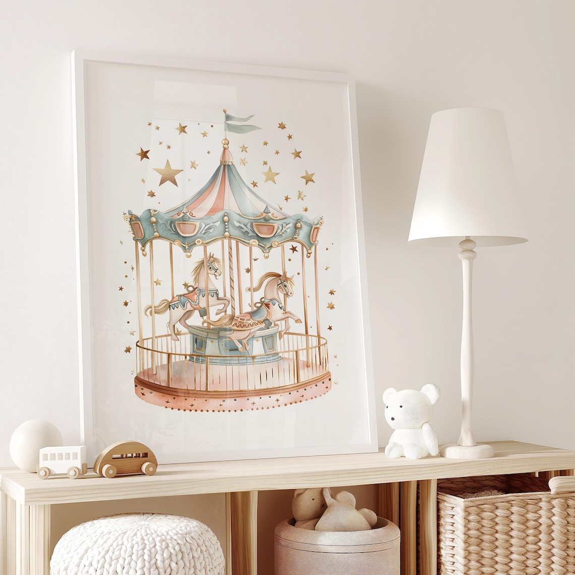 Pastel Carousel With Horses Golden Stars Watercolor Nursery Poster - Image 2