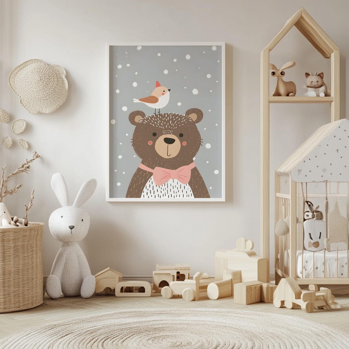 Cozy Brown Bear in Pink Bow Tie With Bird on a Snowy Day Poster - Image 4