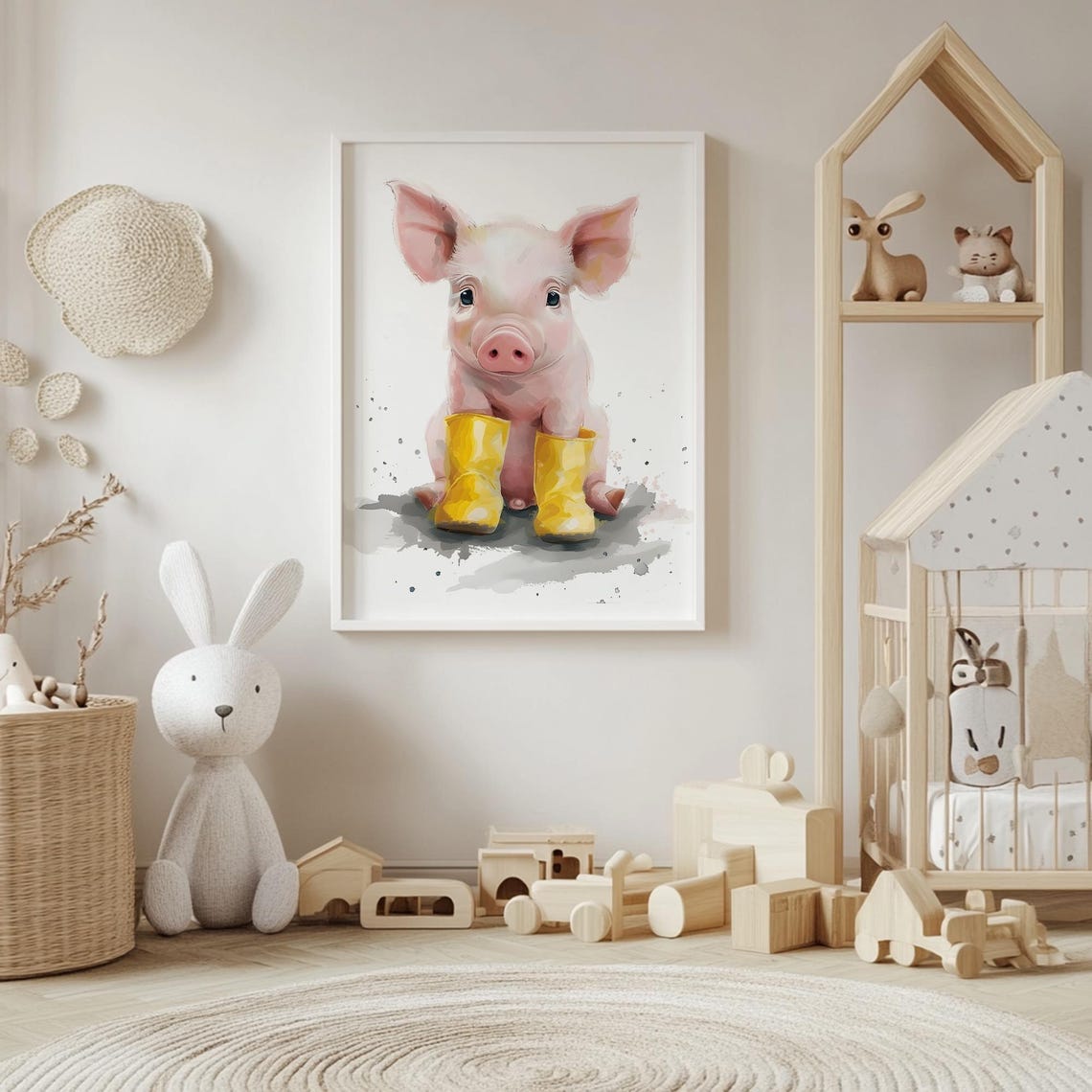 Pink Piglet in Bright Yellow Rain Boots Watercolor Splash Poster - Image 4