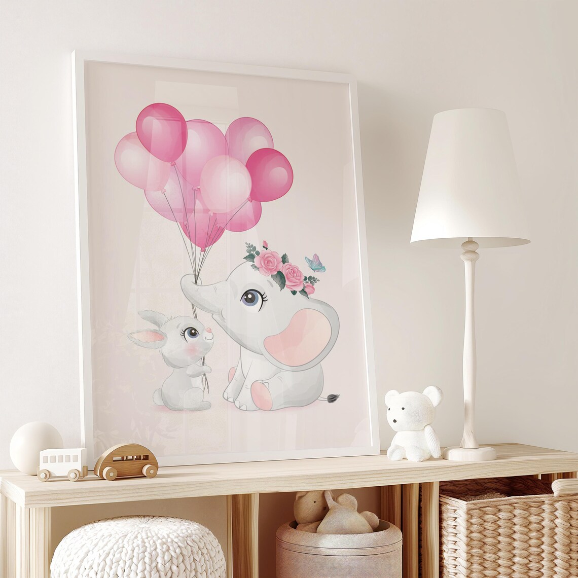 Baby Elephant and Bunny Holding Pink Balloons Floral Crown Poster - Image 2
