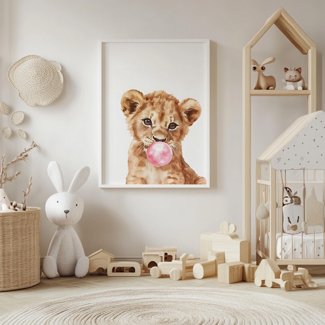 Lion Cub Blowing Pink Bubble Gum Cute Watercolor Kids Room Poster - Image 4