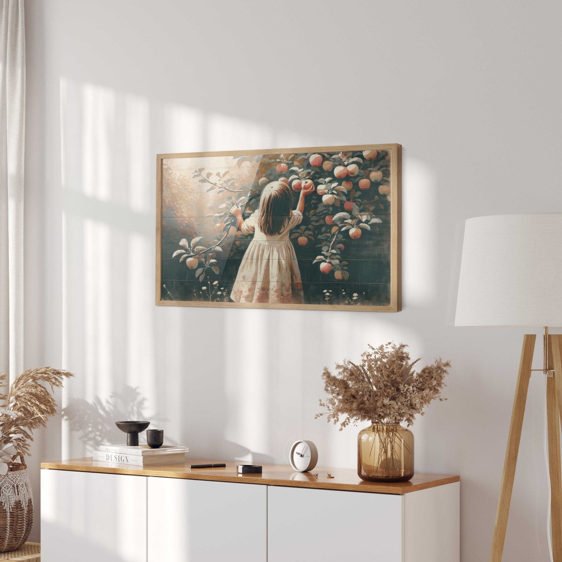 Vintage Nursery Wall Art Girl Picking Apples Print Girl Wall Art Apple Tree Painting Farmhouse Wall Art Country Style Artprintable Art - Image 2