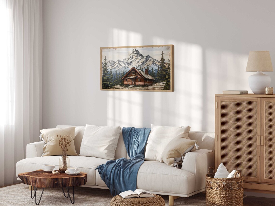 Vintage Mountain Log Cabin Poster Rustic Wooden Home Among Snowy Peaks - Image 2