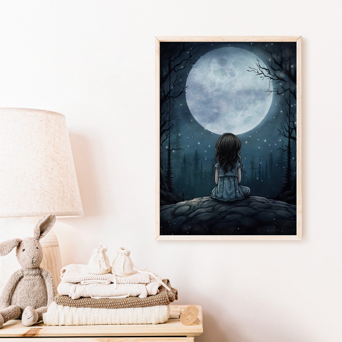 Girl Gazing at Glowing Full Moon in Starry Night Forest Poster - Image 2