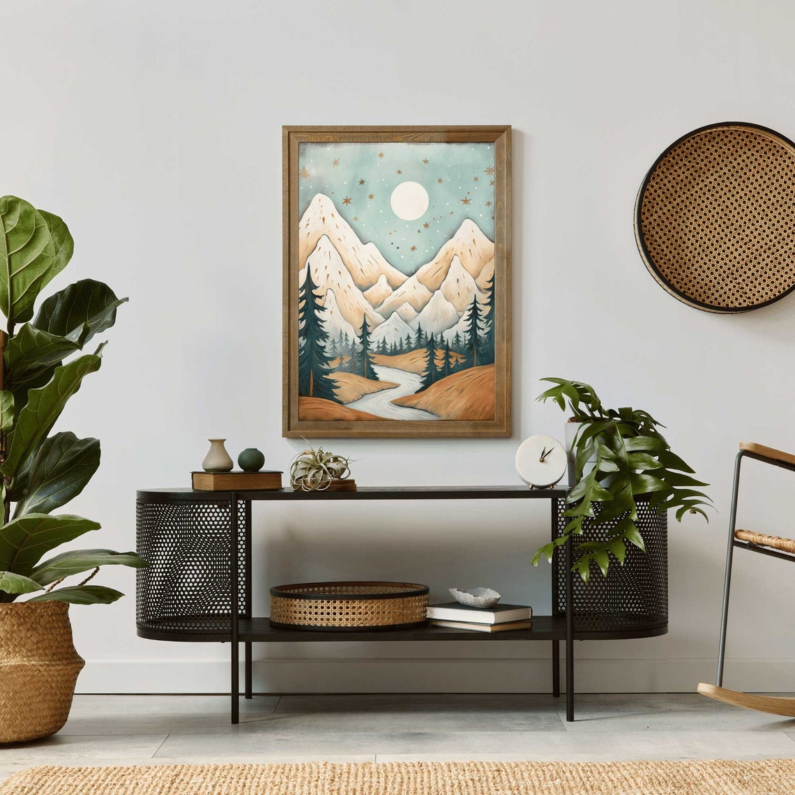 Starry Night Mountain Landscape With Glowing Moon And Pines Poster - Image 2