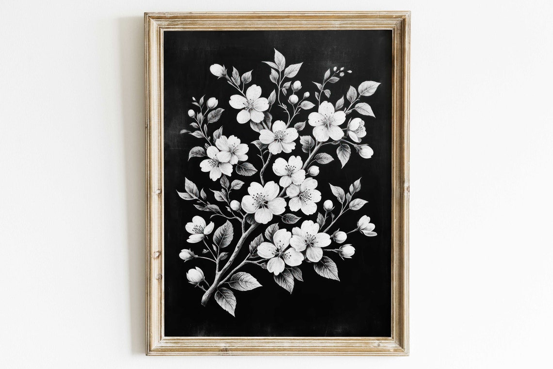 White Blossom Branch on Dark Black Floral Chalkboard Art Poster