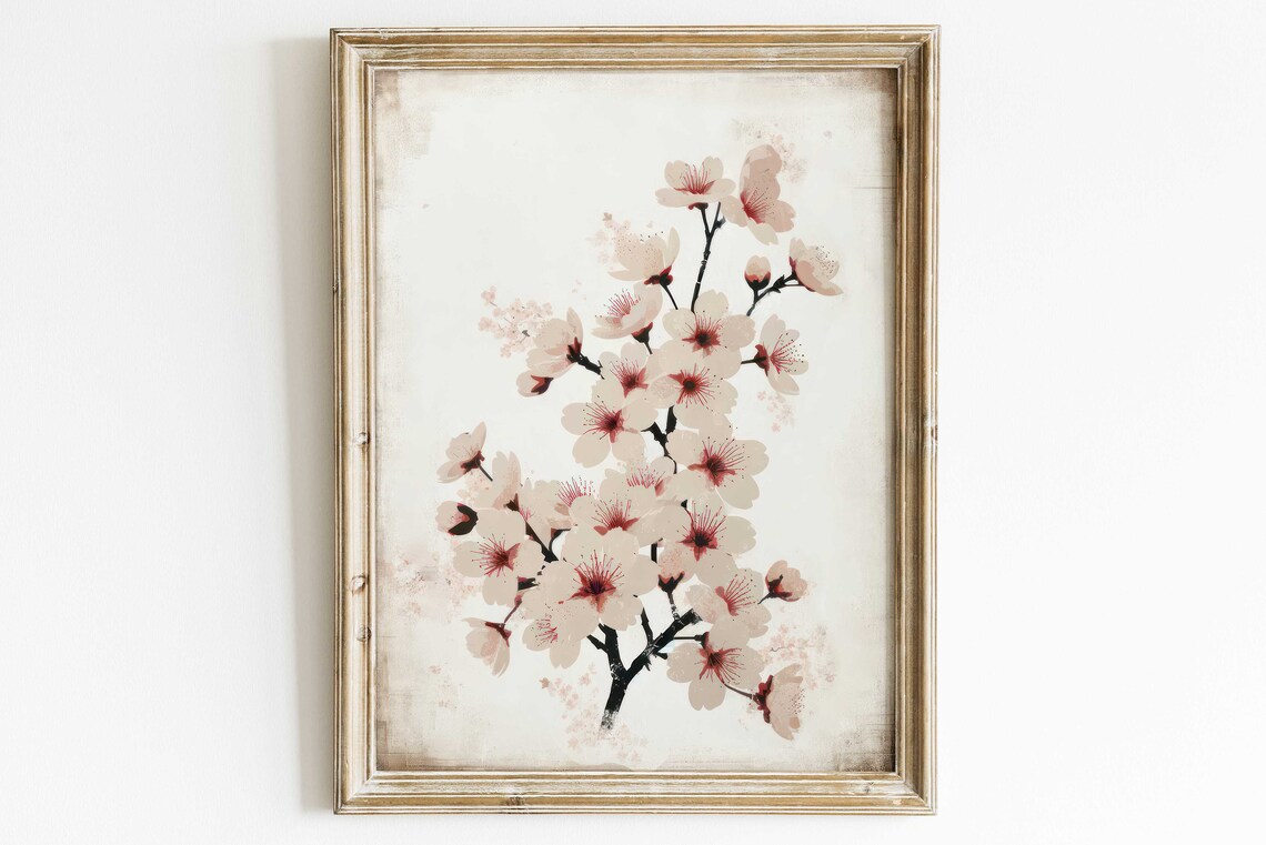 Blush Cherry Blossom Branch Minimalist Floral Watercolor Art Print