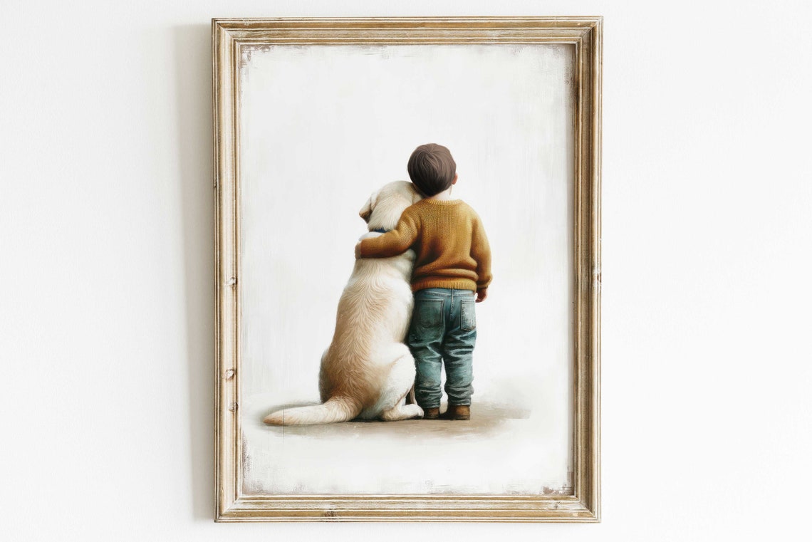 Little Boy Hugging a Yellow Labrador Dog Heartwarming Wall Art - Image 2