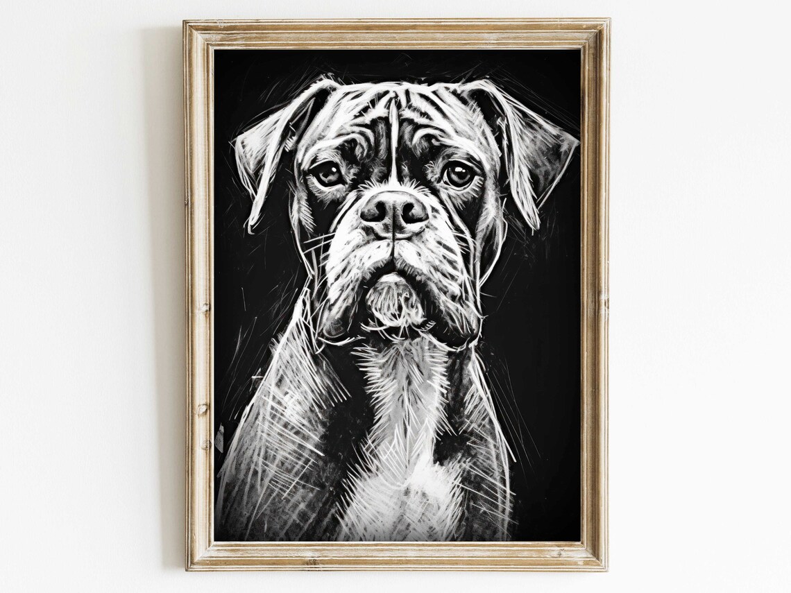 Boxer Dog Portrait In Bold Black And White Line Sketch Nursery Print