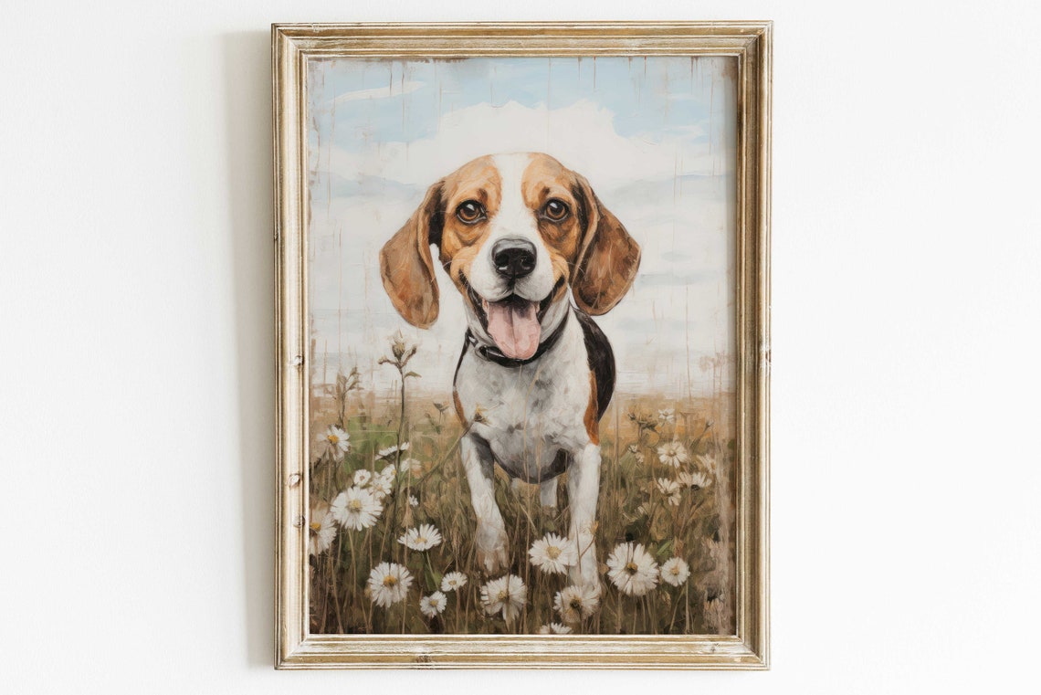 Cheerful Beagle Running Through White Daisies Dog Portrait Poster - Image 2