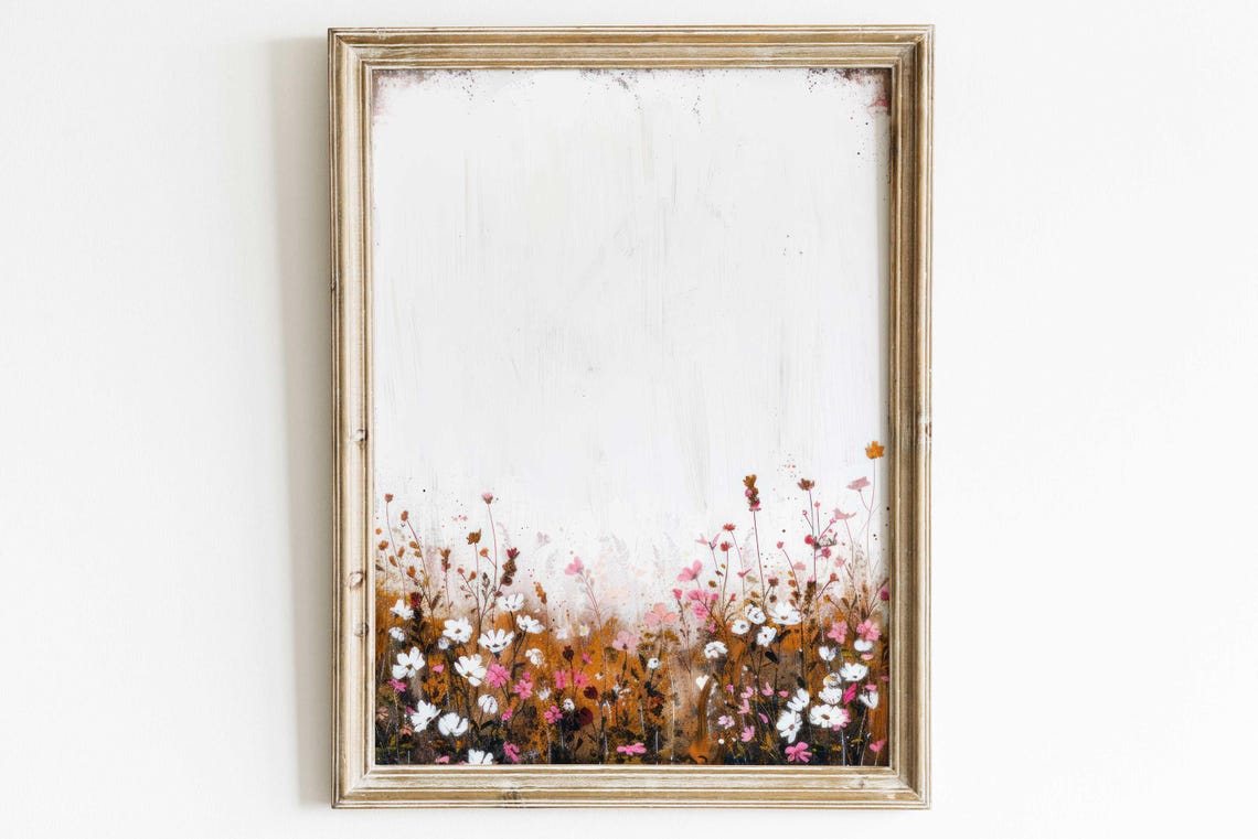 Rustic Wildflower Meadow Pink Blooms Watercolor Botanical Print