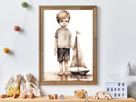 Little Boy Standing With Wooden Sailboat Vintage Nursery Poster