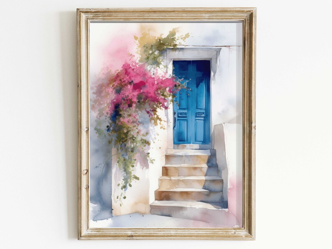 Santorini Blue Door Travel Poster, Greek House Decor