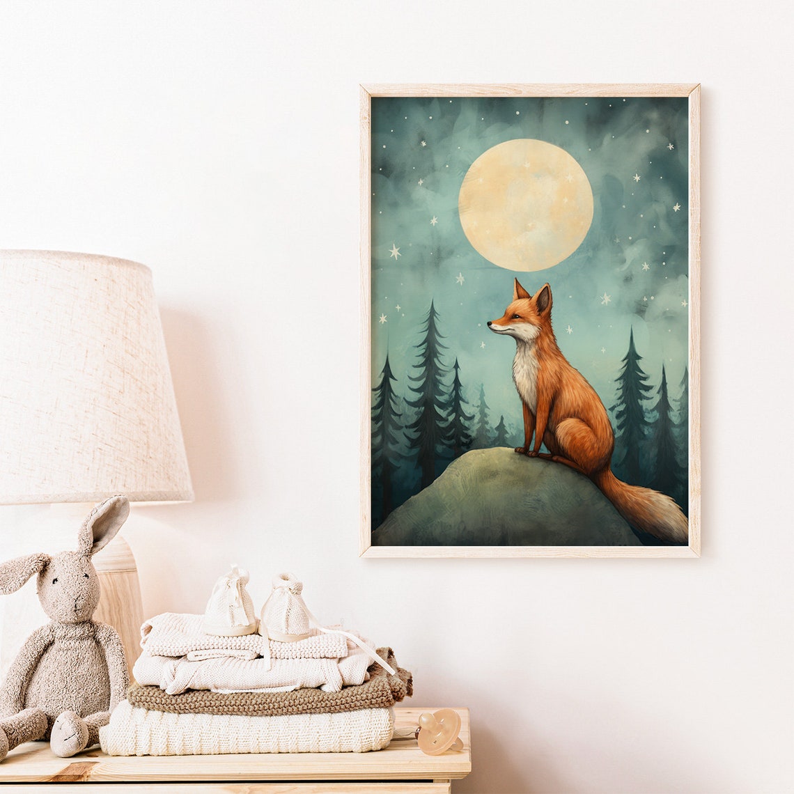 Red Fox Under Full Moon in Night Forest Nursery Animal Poster - Image 2